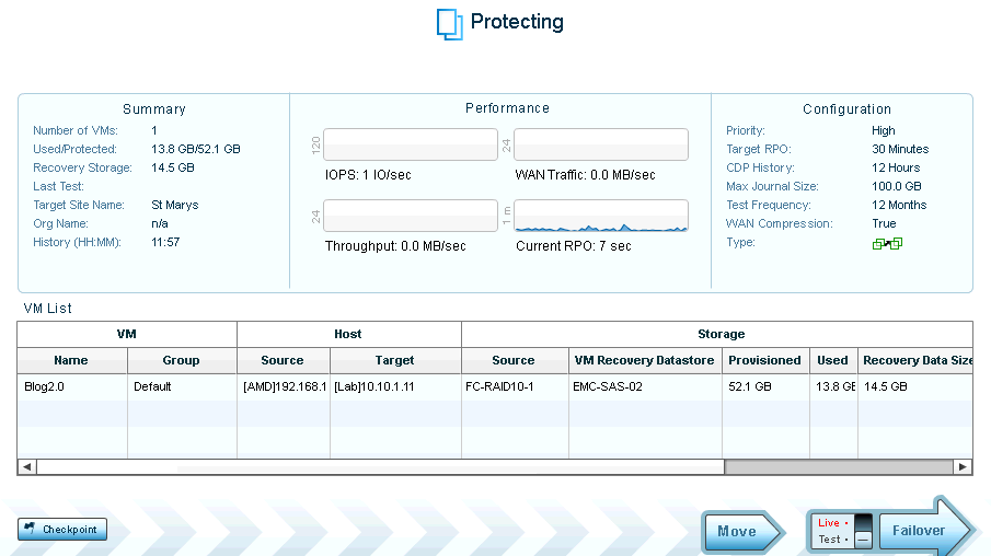 Checkpoint button in the lower left of the main Zerto interface in vCenter