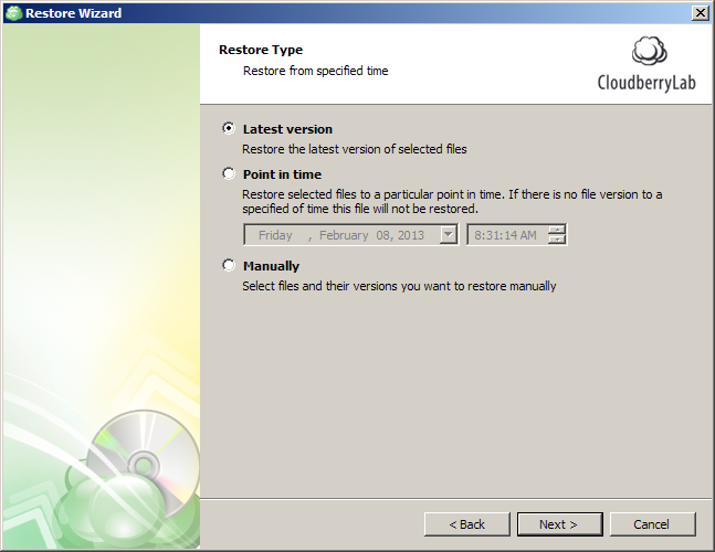 Pick a version of the files you want to restore from.