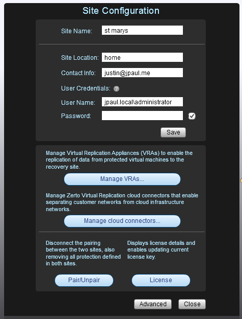 Zerto Site Settings and the "Manage VRA" button