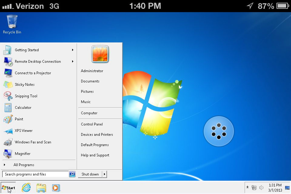 Windows 7 Home screen on iPhone