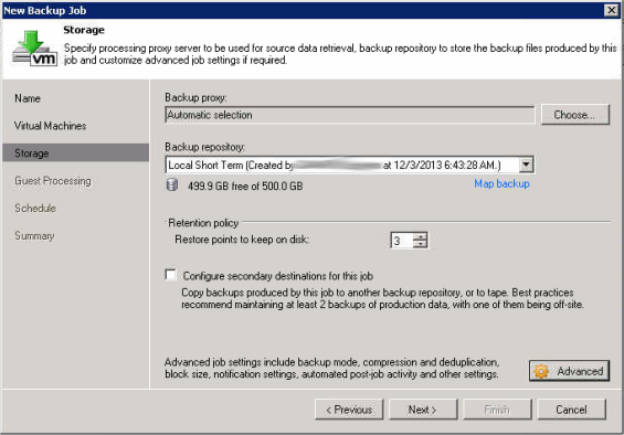 Now select the local repository and number of restore points to keep