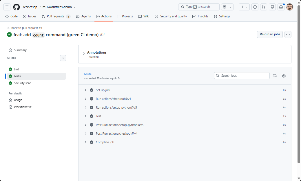 A green CI pipeline on a PR: Lint pass, Tests pass, Security scan pass