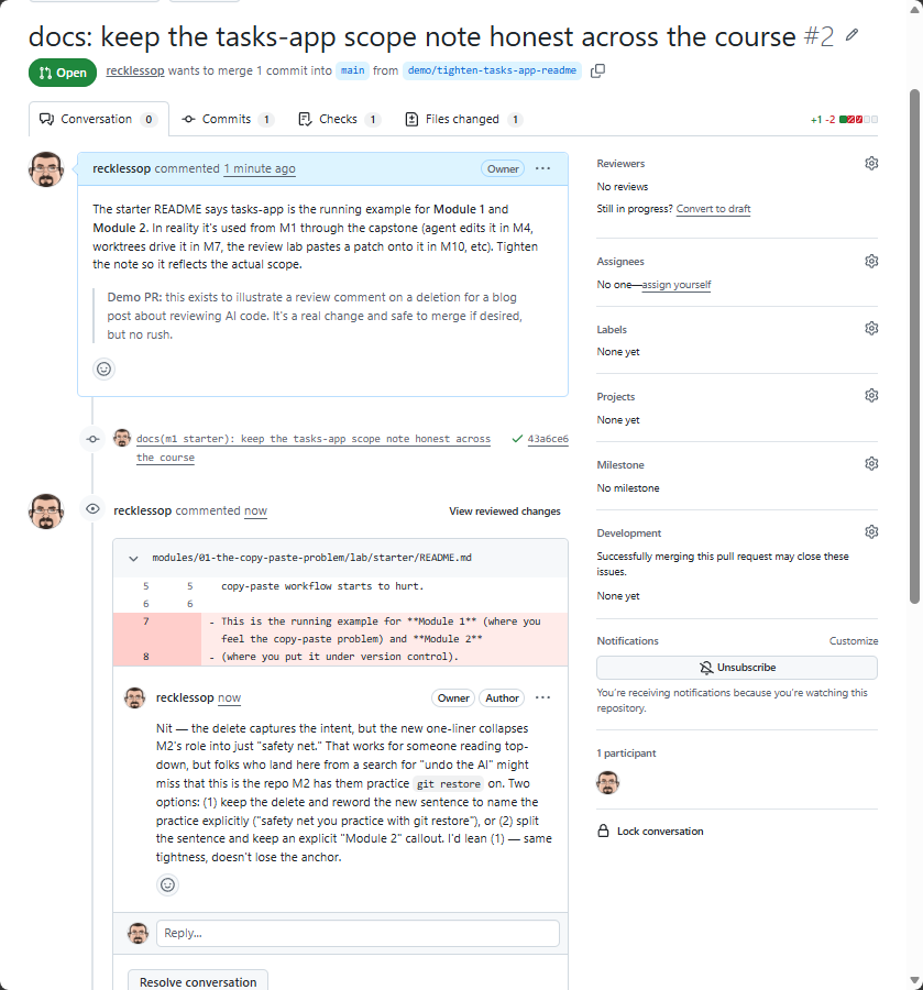 GitHub PR diff view with a reviewer comment on a deleted line
