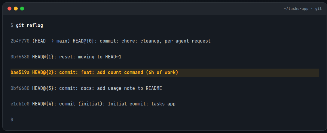 git reflog with the 'lost' commit highlighted in amber