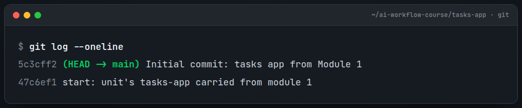 Terminal: git log --oneline showing the first commit right after git init
