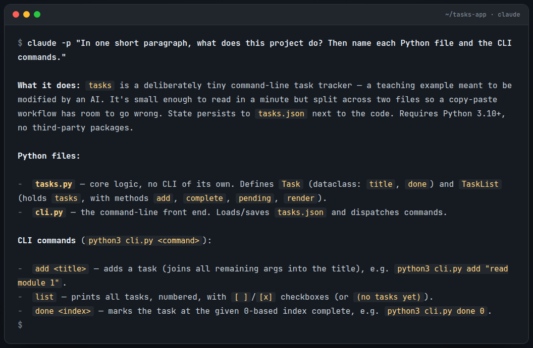 claude -p on tasks-app: the agent names tasks.py, cli.py, and the add/list/done commands from the real files