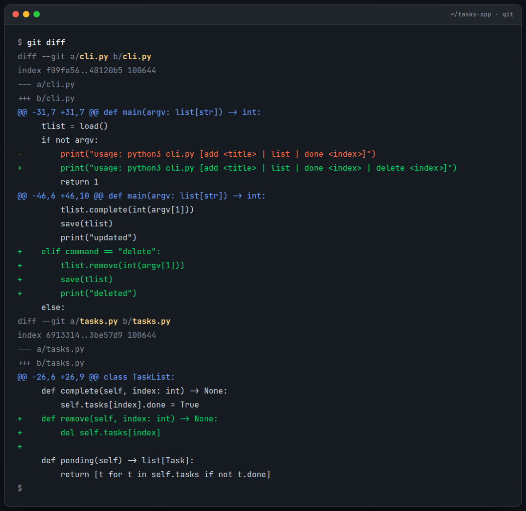 git diff after adding a delete command: green additions in both cli.py and tasks.py
