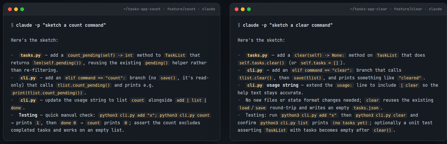 Two side-by-side terminals: two worktrees, two branches, two claude sessions running in parallel