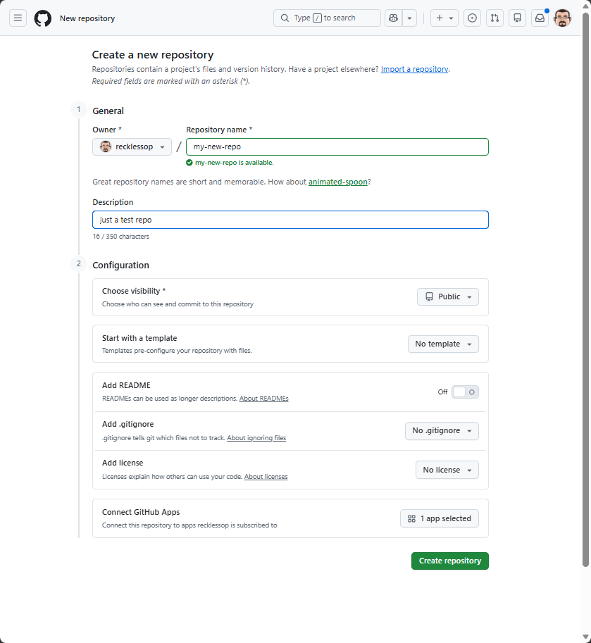 GitHub Create a new repository: README, .gitignore, and license all left unchecked