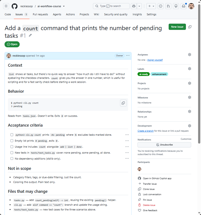 A well-formed GitHub issue for tasks-app: title, context, acceptance criteria checkboxes, files that may change