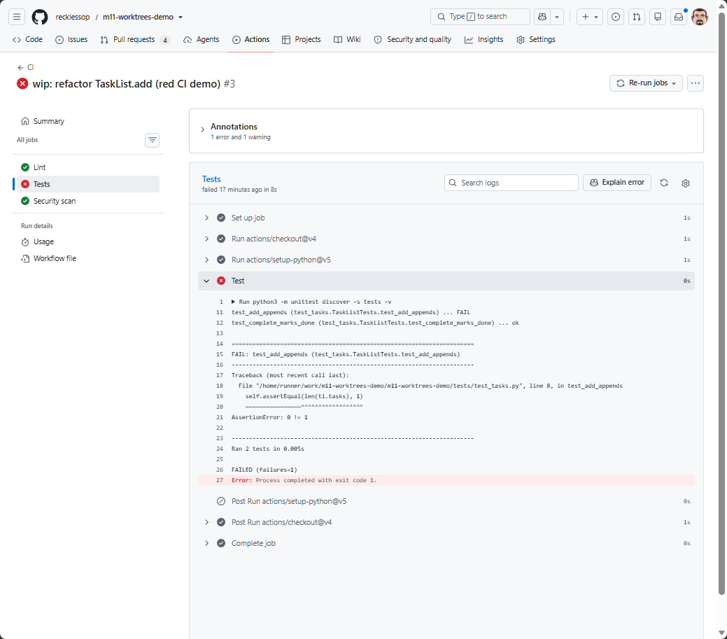 A CI run showing Tests failed while Lint and Security scan passed; the failed Test step is expanded to show the assertion