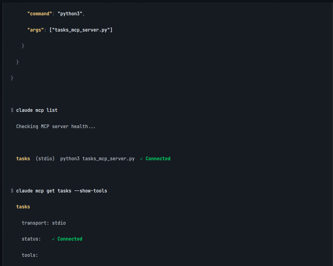 Claude session with the tasks MCP server connected and its list_tasks/add_task tools discovered