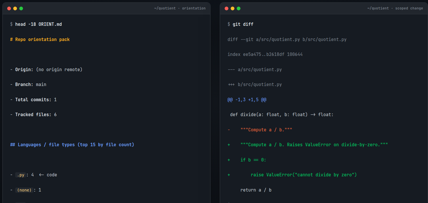 orient.py's ORIENT.md summary next to a small, scoped git diff