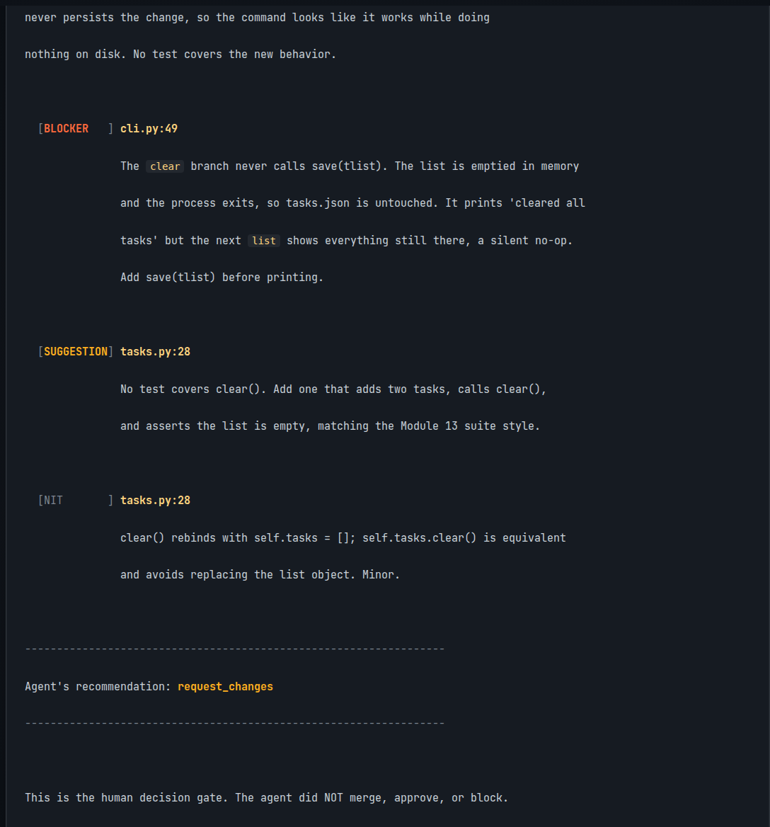 reviewer.py output: BLOCKER, SUGGESTION, NIT comments with an explicit human decision gate
