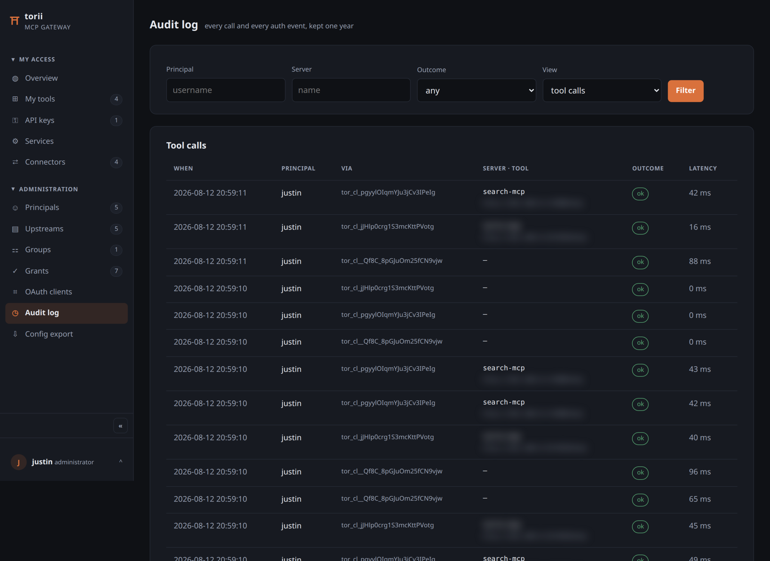 torii audit log: every MCP tool call with principal, server, outcome, latency