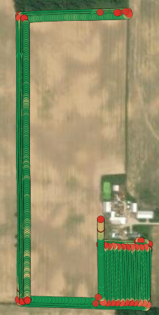 Whole-session track across the field, red readings at every headland and corner