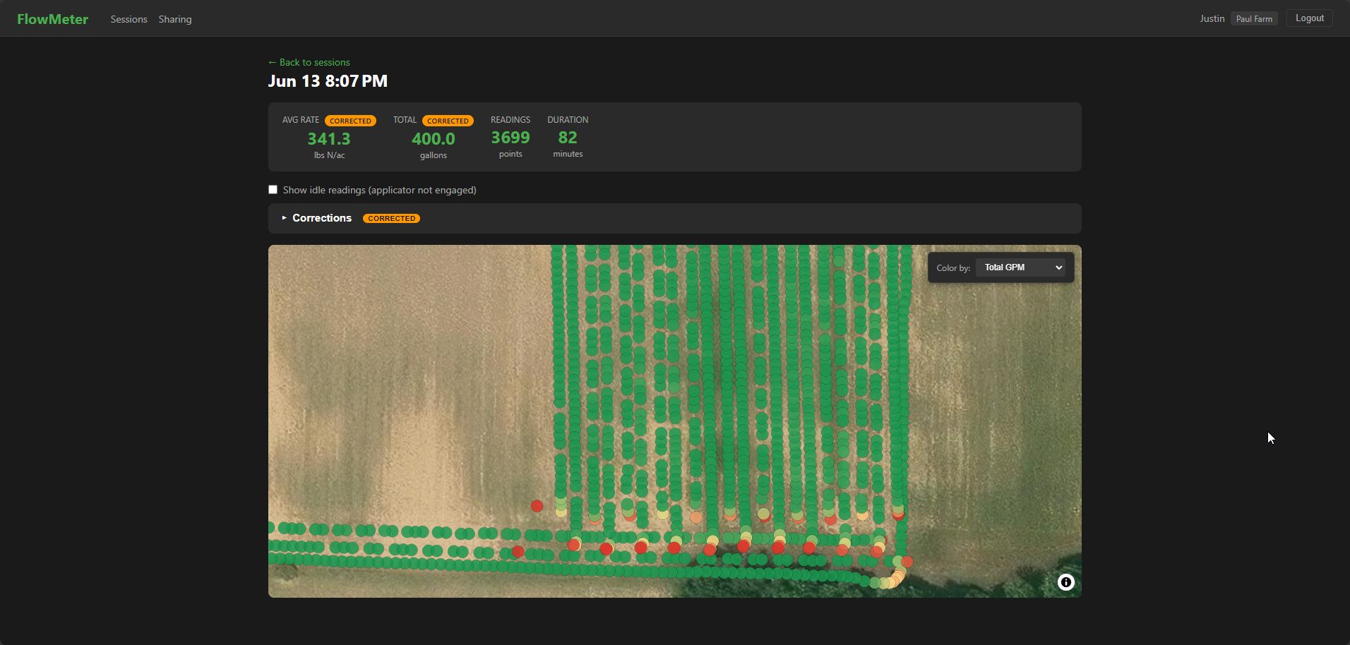 FlowMeter portal session detail: per-second flow readings mapped over a field, colored by total GPM