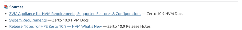 chatJPt answer footer listing the Zerto 10.9 HVM documentation pages it cited as sources